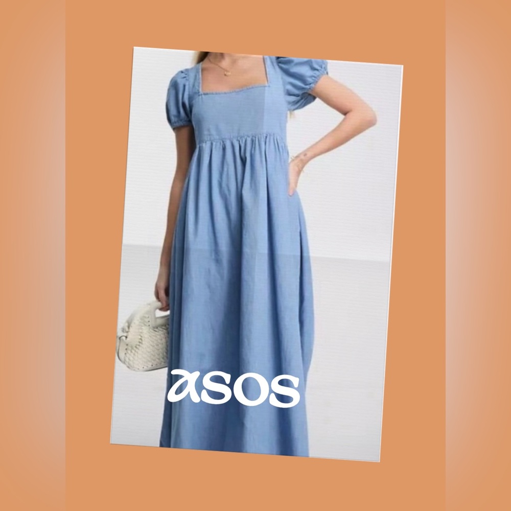 ASOS DESIGN Petite soft denim midi dress with puff sleeve in lightwash blue
